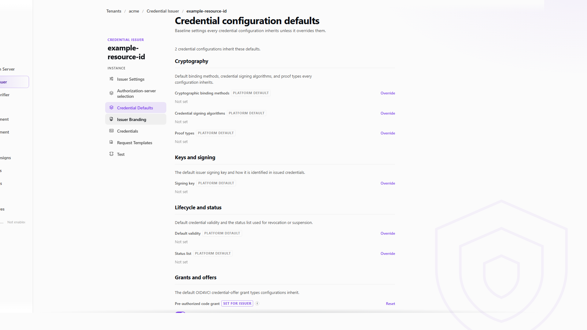 Credential defaults screen example