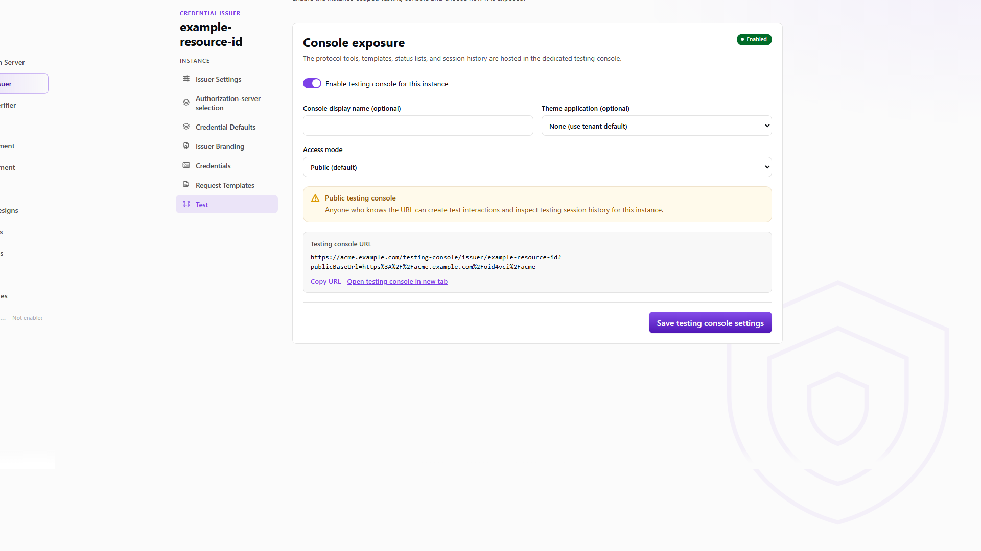 Issuer testing console example