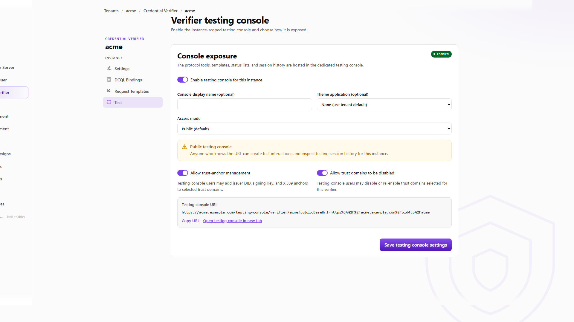 Verifier testing console example