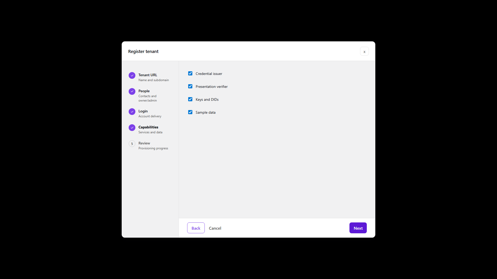 Register tenant: Capabilities