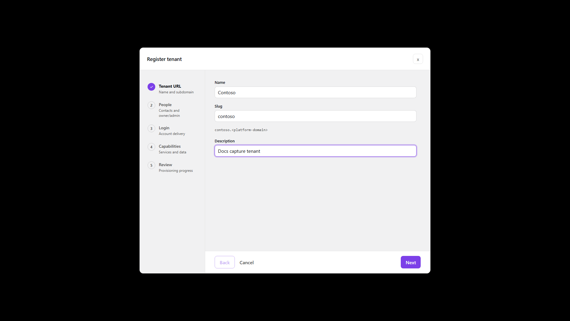 Register tenant: Tenant URL