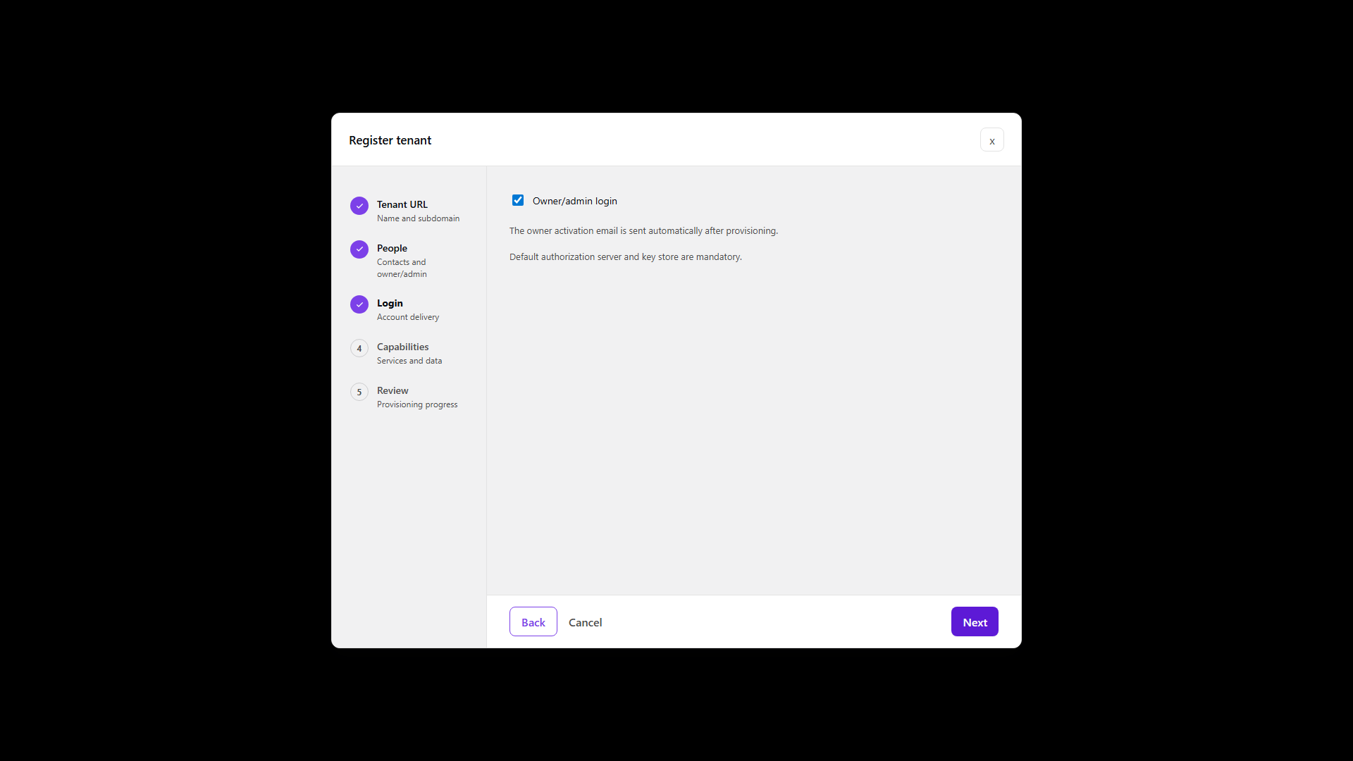 Register tenant: Login