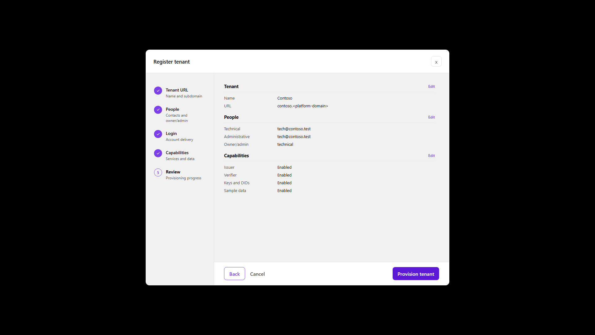 Register tenant: Review