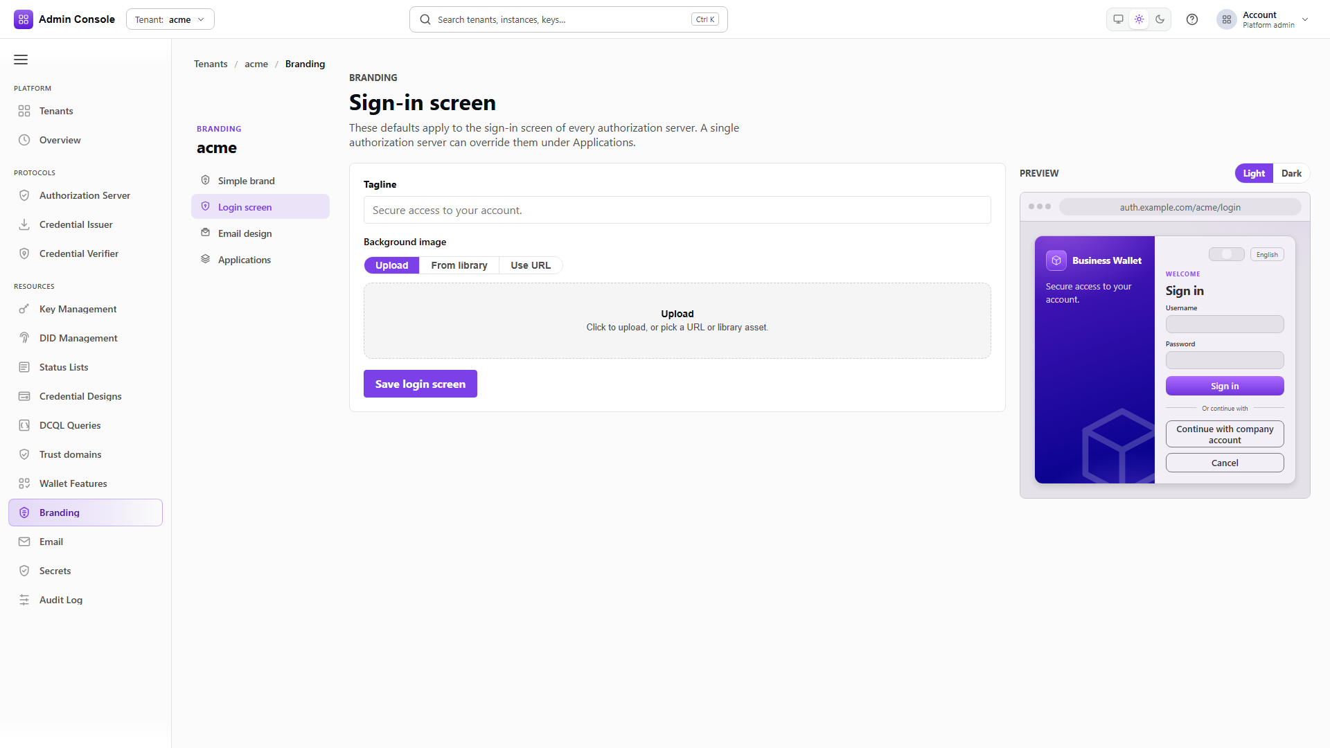 Login screen branding