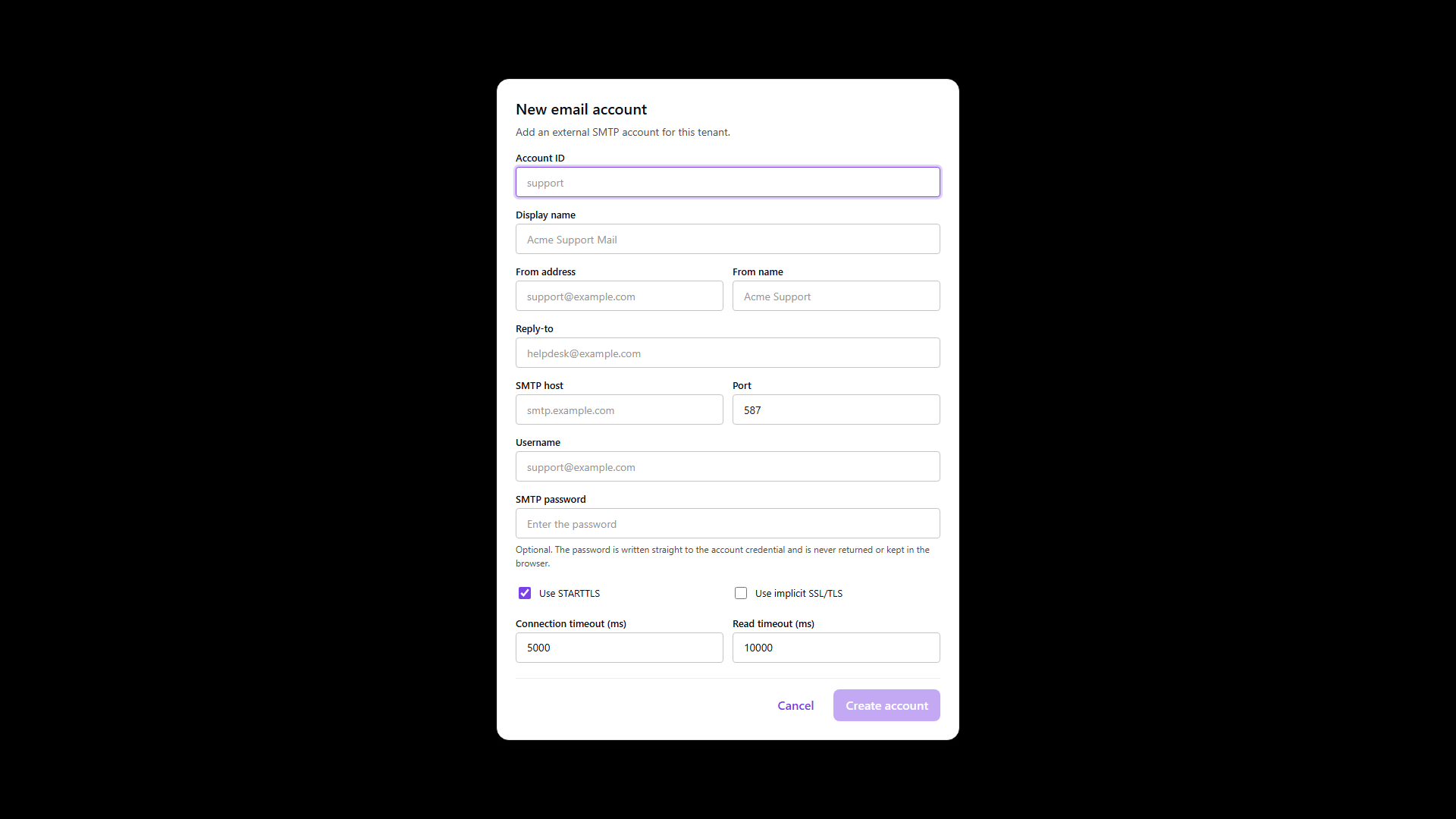 New email account dialog