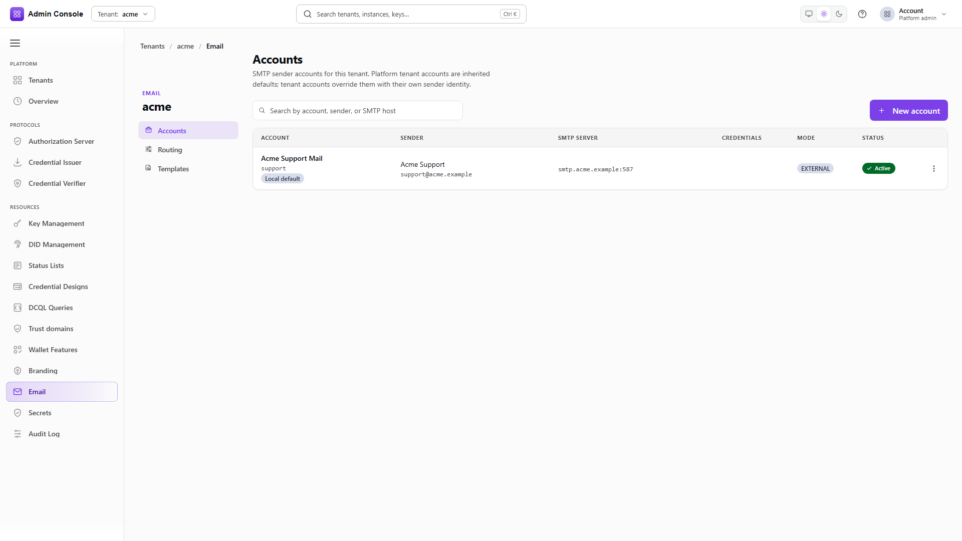 Email accounts list