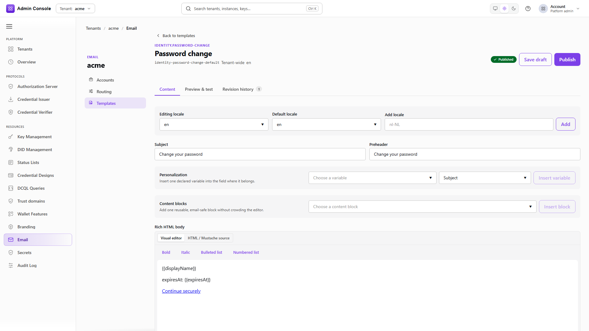 Password change template content editor