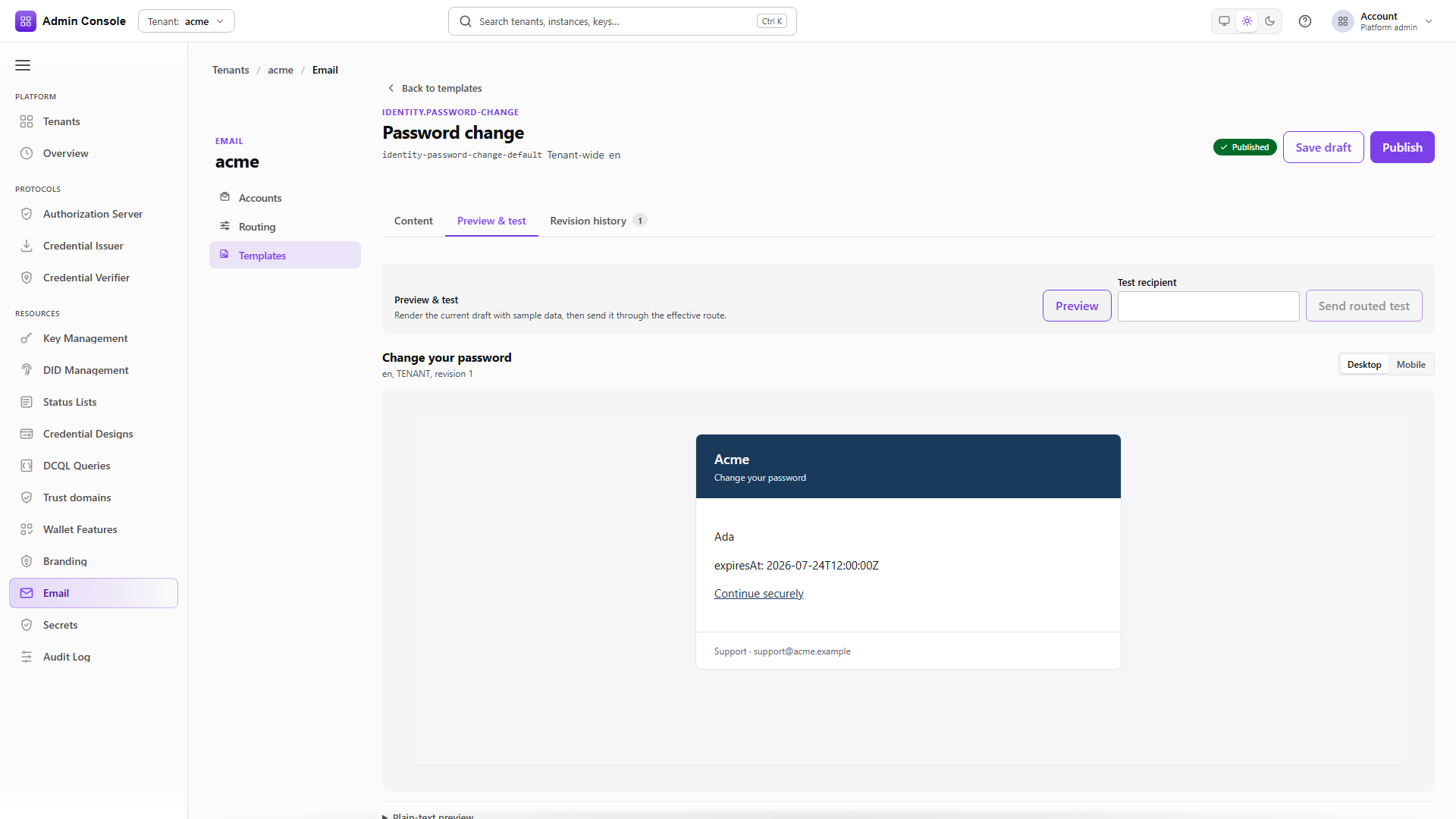Password change template after Preview