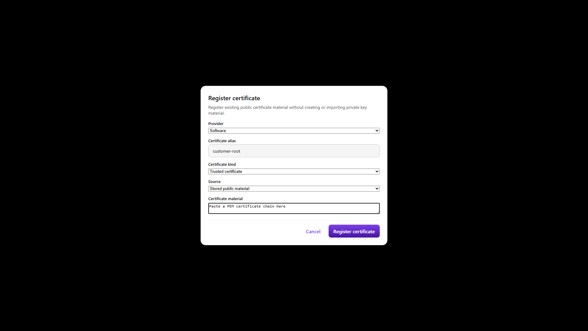 Register provider-native or stored public certificate material