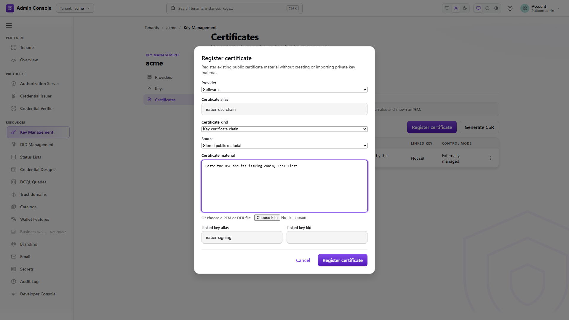 Registering a certificate chain bound to an existing key