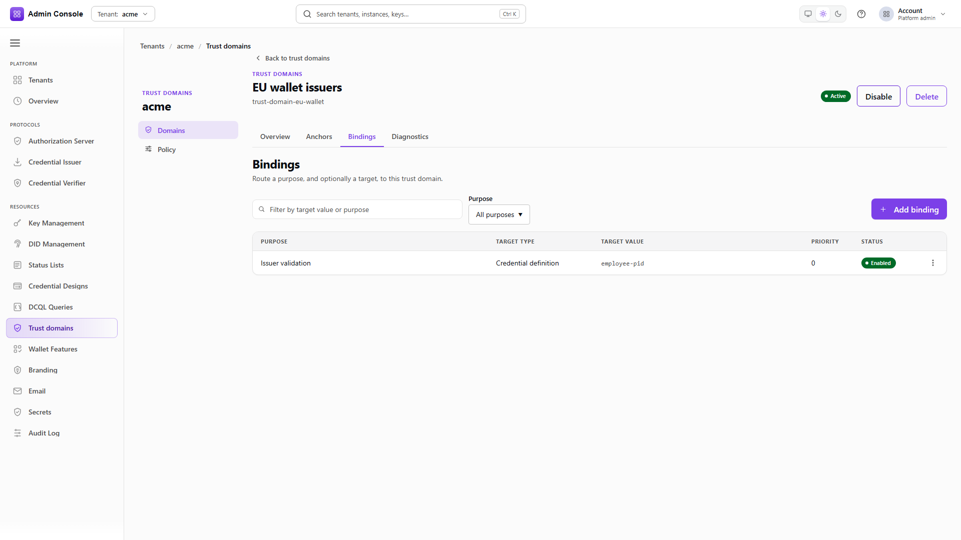 Trust domain Bindings