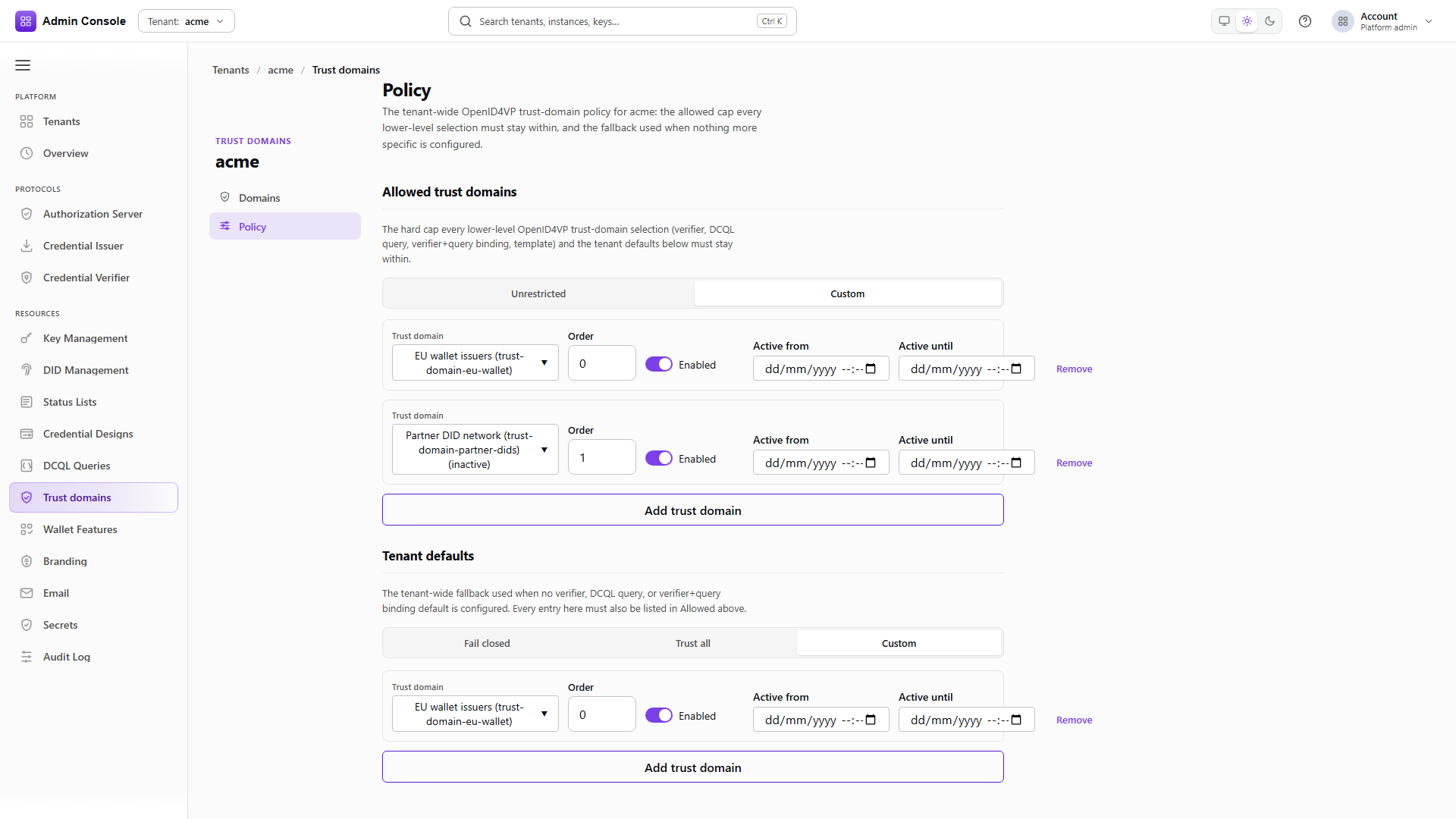 Trust domains Policy